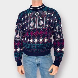 80s McGregor Navy Teal Purple‎ Absract Sweater Size M